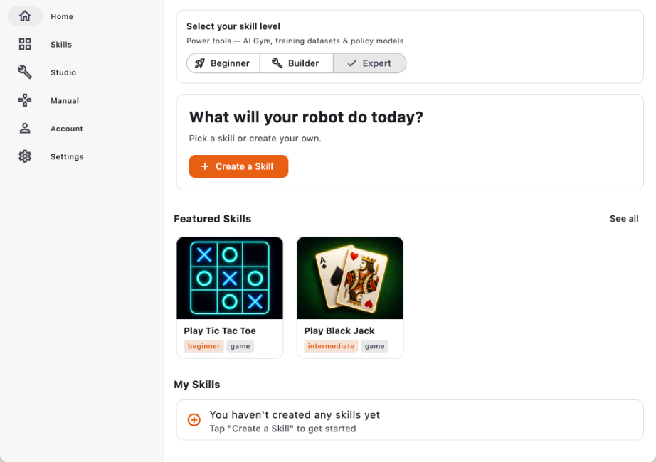 Raven app home: choose Beginner, Builder, or Expert and pick a skill