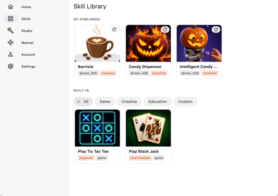 Raven app Skill Library: published skills and built-in games