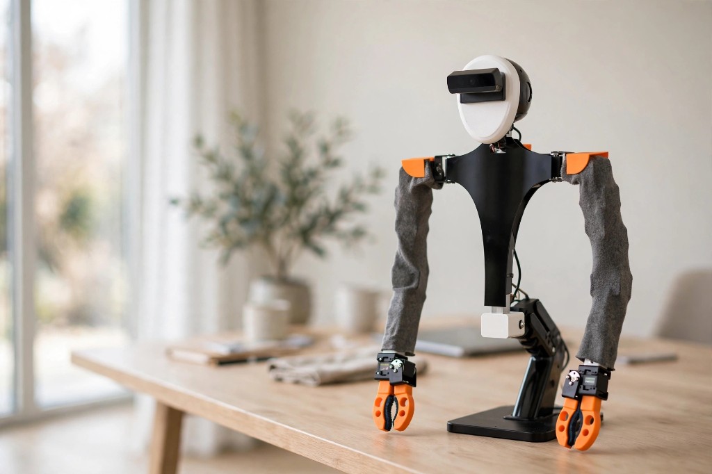 Raven desktop robot standing on a wooden desk in a bright home office